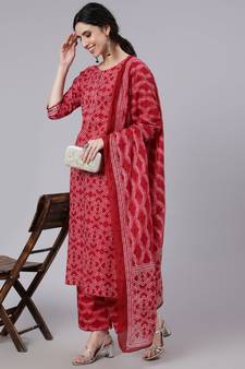 Red Printed Cotton Kurta Palazzo With Dupatta Set