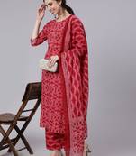Red Printed Cotton Kurta Palazzo With Dupatta Set