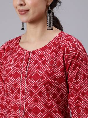 Red Printed Cotton Kurta Palazzo With Dupatta Set 2