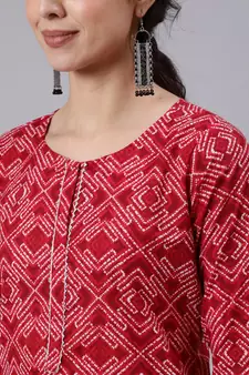 Red Printed Cotton Kurta Palazzo With Dupatta Set