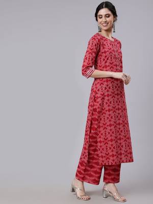 Red Printed Cotton Kurta Palazzo With Dupatta Set 5