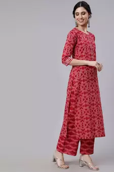 Red Printed Cotton Kurta Palazzo With Dupatta Set
