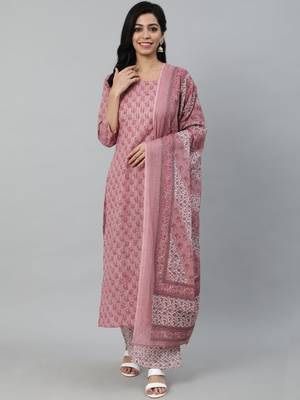 Pink Printed Cotton Kurta Palazzo With Dupatta Set 1