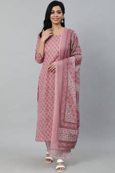 Pink Printed Cotton Kurta Palazzo With Dupatta Set