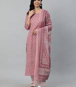 Pink Printed Cotton Kurta Palazzo With Dupatta Set