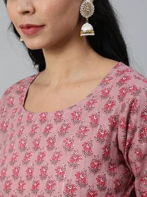 Pink Printed Cotton Kurta Palazzo With Dupatta Set 2