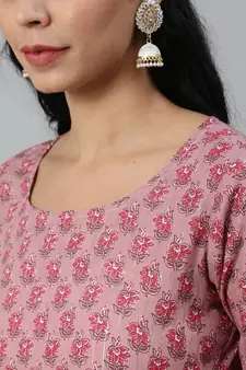 Pink Printed Cotton Kurta Palazzo With Dupatta Set