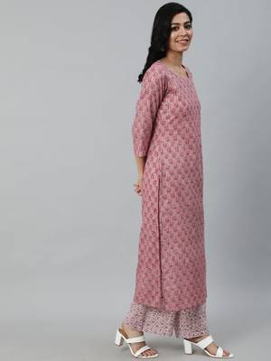Pink Printed Cotton Kurta Palazzo With Dupatta Set 5
