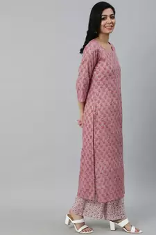 Pink Printed Cotton Kurta Palazzo With Dupatta Set