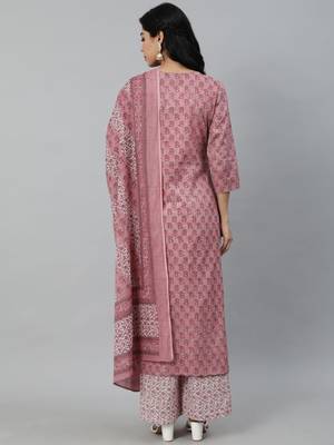 Pink Printed Cotton Kurta Palazzo With Dupatta Set 6