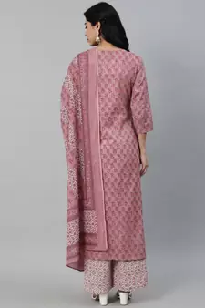 Pink Printed Cotton Kurta Palazzo With Dupatta Set
