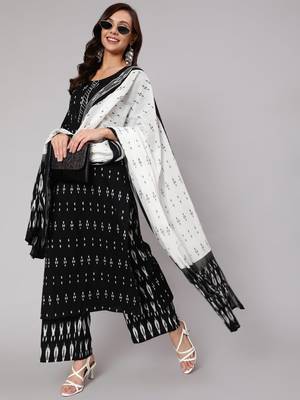 Black Printed Cotton Kurta Palazzo With Dupatta Set 1