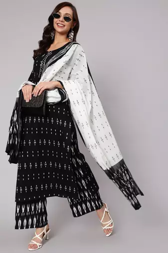 Black Printed Cotton Kurta Palazzo With Dupatta Set