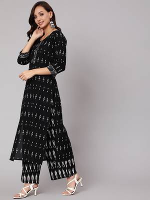 Black Printed Cotton Kurta Palazzo With Dupatta Set 5