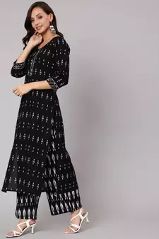 Black Printed Cotton Kurta Palazzo With Dupatta Set
