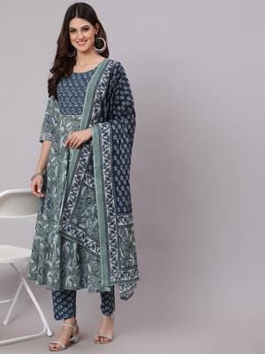 Green Printed Cotton Kurta Palazzo With Dupatta Set 1