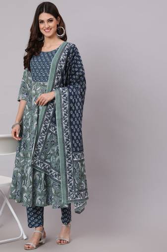 Green Printed Cotton Kurta Palazzo With Dupatta Set