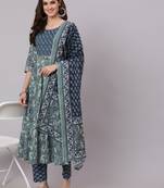Green Printed Cotton Kurta Palazzo With Dupatta Set