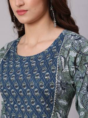Green Printed Cotton Kurta Palazzo With Dupatta Set 2