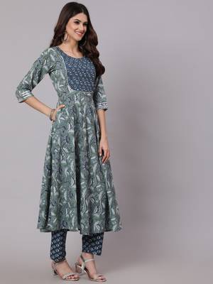 Green Printed Cotton Kurta Palazzo With Dupatta Set 5