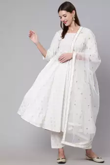 Off White Printed Cotton Kurta Trouser With Dupatta Set