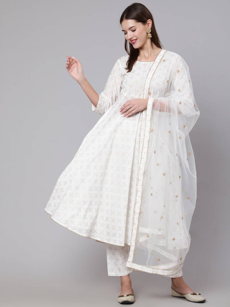 Off White Printed Cotton Kurta Trouser With Dupatta Set