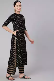 Black Printed Viscose rayon Kurta Palazzo With Dupatta Set