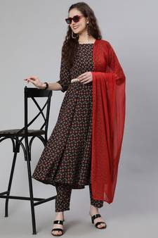 Black Printed Cotton Kurta Trouser With Dupatta Set