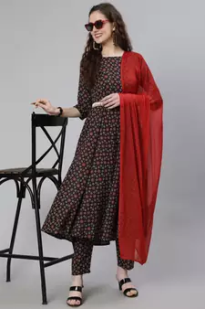 Black Printed Cotton Kurta Trouser With Dupatta Set