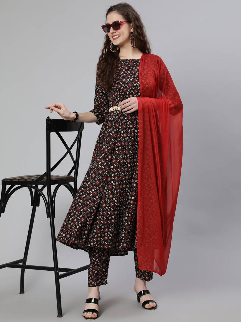 Black Printed Cotton Kurta Trouser With Dupatta Set