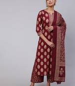 Burgundy Printed Cotton Kurta Palazzo With Dupatta Set