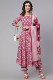 Pink Printed Cotton Kurta Trouser With Dupatta Set