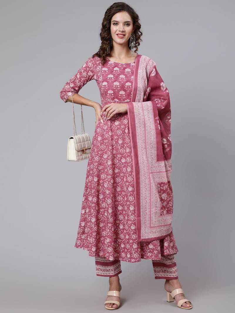 Pink Printed Cotton Kurta Trouser With Dupatta Set