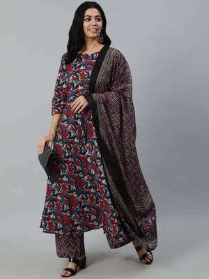 Blue Printed Cotton Kurta Palazzo With Dupatta Set 1