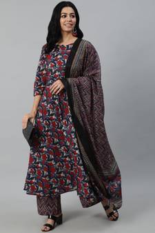 Blue Printed Cotton Kurta Palazzo With Dupatta Set