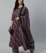 Blue Printed Cotton Kurta Palazzo With Dupatta Set