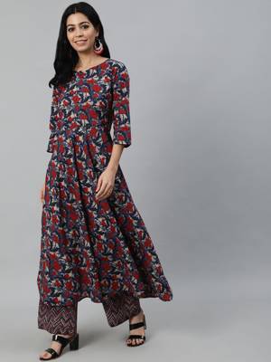 Blue Printed Cotton Kurta Palazzo With Dupatta Set 5