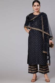 Navy Blue Printed Viscose rayon Kurta Palazzo With Dupatta Set