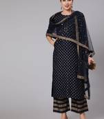 Navy Blue Printed Viscose rayon Kurta Palazzo With Dupatta Set