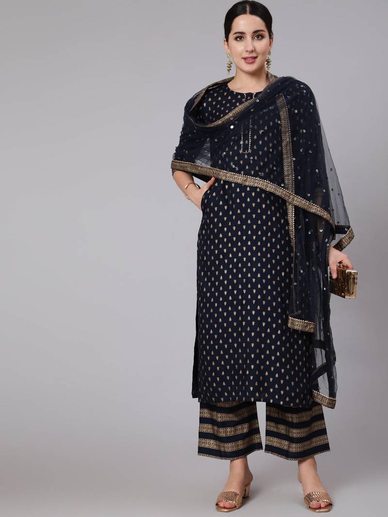 Navy Blue Printed Viscose rayon Kurta Palazzo With Dupatta Set