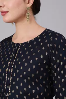 Navy Blue Printed Viscose rayon Kurta Palazzo With Dupatta Set