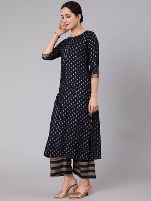 Navy Blue Printed Viscose rayon Kurta Palazzo With Dupatta Set 5