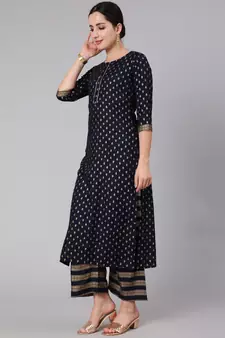 Navy Blue Printed Viscose rayon Kurta Palazzo With Dupatta Set