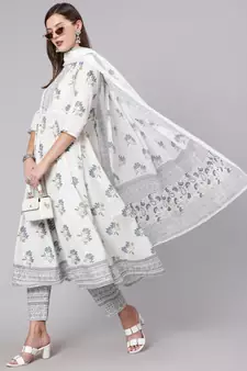 Grey Printed Cotton Kurta Trouser With Dupatta Set