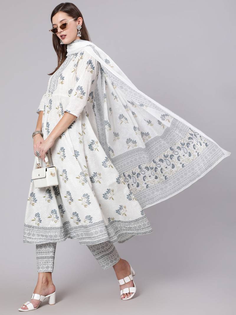 Grey Printed Cotton Kurta Trouser With Dupatta Set
