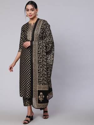 Black Printed Cotton Kurta Palazzo With Dupatta Set 1