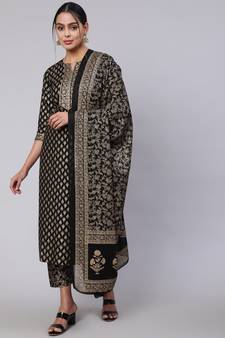 Black Printed Cotton Kurta Palazzo With Dupatta Set
