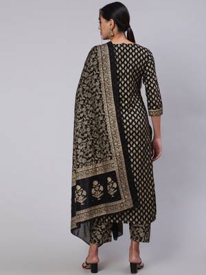 Black Printed Cotton Kurta Palazzo With Dupatta Set 6