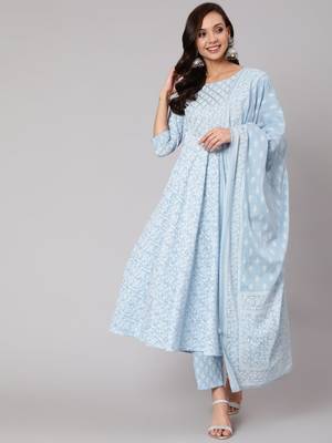 Blue Printed Cotton Kurta Trouser With Dupatta Set 1