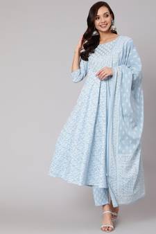 Blue Printed Cotton Kurta Trouser With Dupatta Set